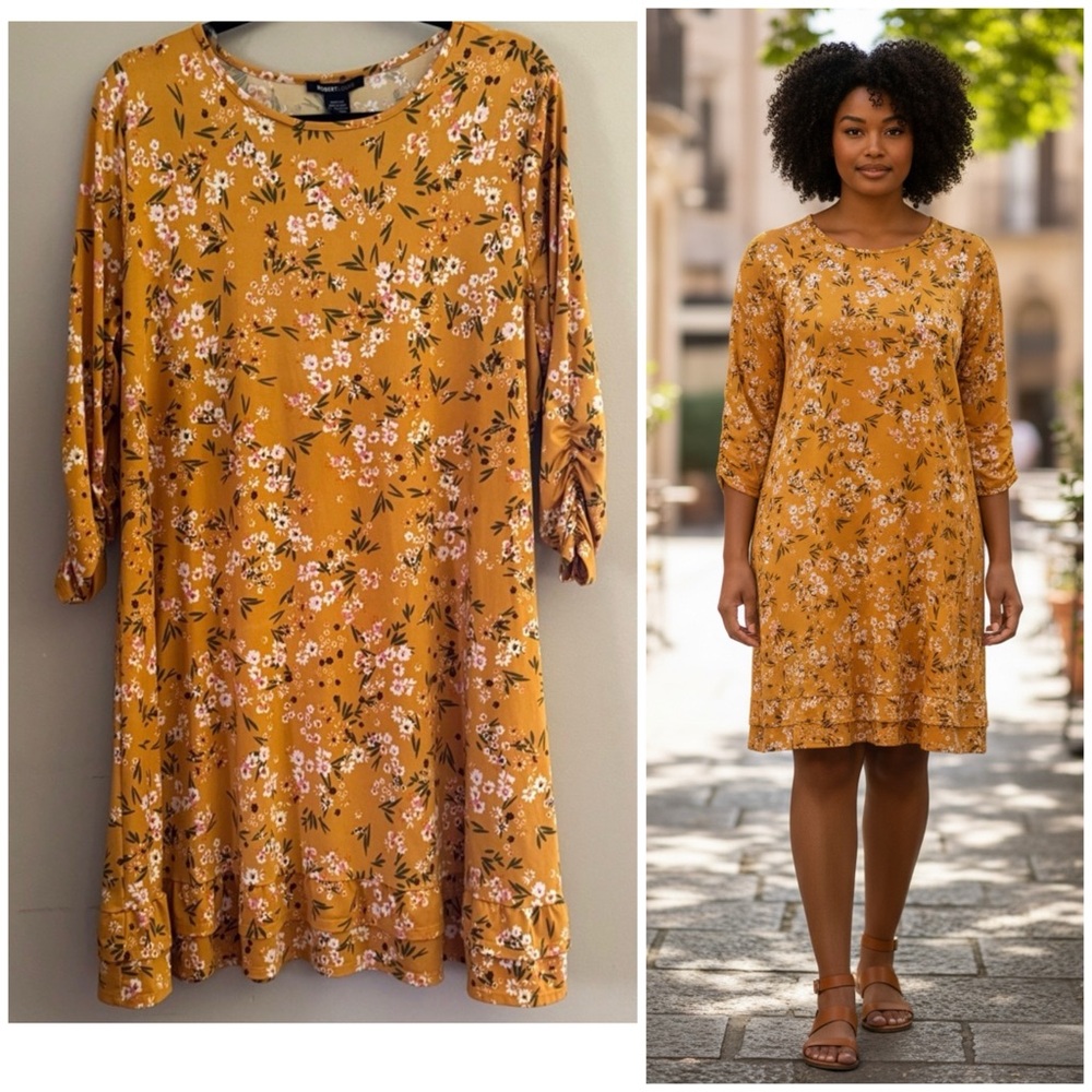 Robert Louis Spring Yellow Floral Ruffle BottomTrim Dress 3/4 Sleeves SzXL NWT